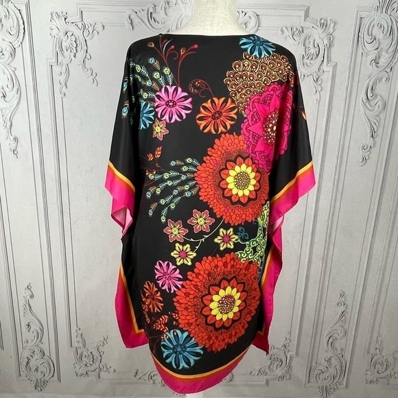 Bohemian Floral Print Notched Neck Batwing Sleeve Midi Tunic Coverup Dress - Picture 7 of 8